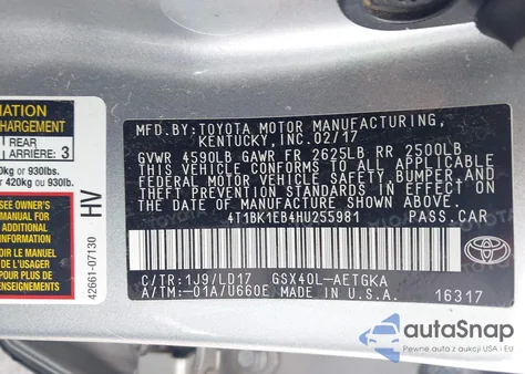 2017 Toyota Avalon Xle Plus/Premium/Tour/Ltd z USA, uszkodzony, nr VIN 4T1BK1EB4HU255981